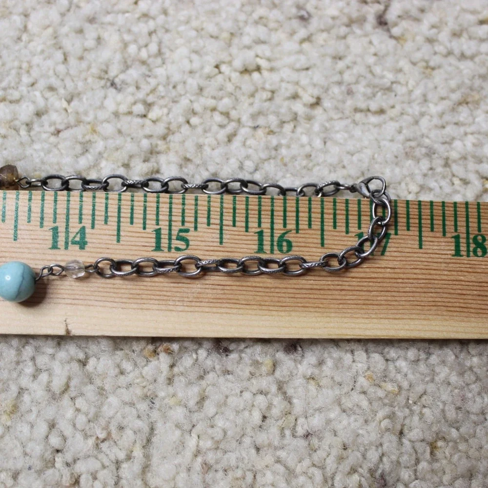 Long Station Necklace Filigree Leaf Turquoise Bead Silver Tone 34 Inch Boho OS